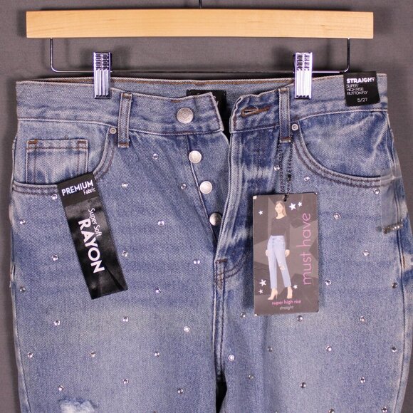 NWT Simple Society Y2K Crystal Destroyed‎ High Rise Straight Jeans 5/27 Festival - Picture 11 of 14